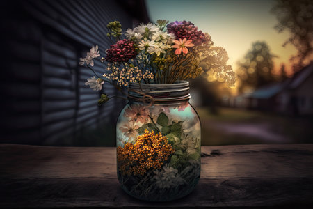 flowers from the fall season in a jar on a wooden table in the yard at dusk. Generative AIの素材
