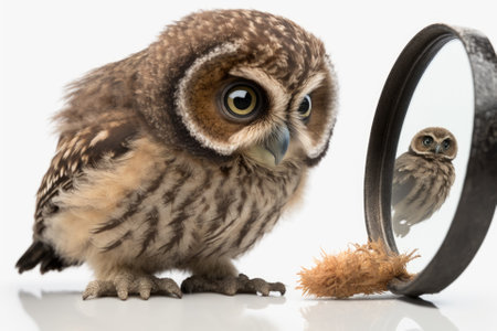 The Athene noctua juvenile owl is pictured here with her magnifying glass at 50 days old against a white background. Generative AIの素材