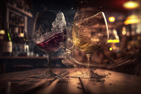 Two wine glasses collide, bottles blur, and a bar counter can be seen in the background. Generative AIの素材