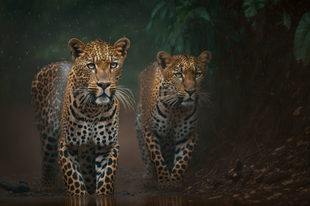 Two adult male Indian leopards (panthers) in the forest of central India during the wet monsoon season panthera pardus fusca. Generative AIの素材