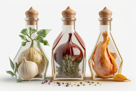 The three vegetables are shown here on a white background. Vinegar and other spices. Clipped design component for a package. Generative AIの素材