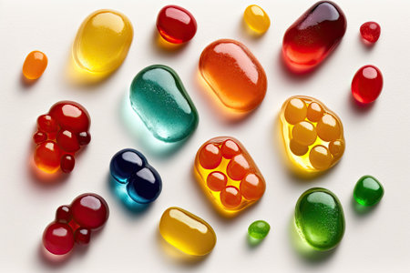 several colorful, sour marmalades stretched out against a white background. jelly beans. Generative AIの素材