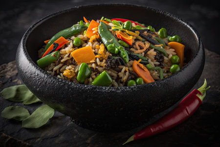 Slated black bowl with vegetable schawan fried rice. Bell peppers, green beans, and carrots are among the vegetables used in this indo Chinese staple. Perspective from on high. Generative AIの素材