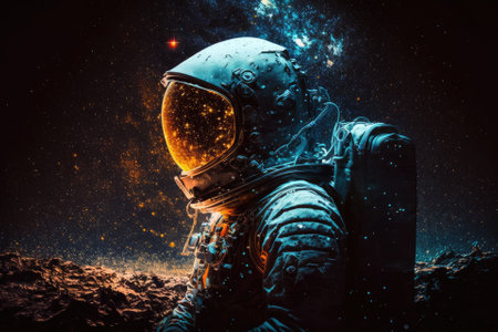 a spaceman wearing protective gear against a starry night sky. Generative AIの素材