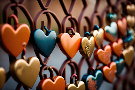 a close up of a fence decorated with heart shaped metal padlocks. Generative AIの素材