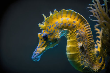 The longsnouted yellow seahorse. With a blue background in the aquarium. Generative AIの素材