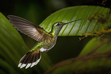 White tailed Hillstar (Urocroa bougueri), hummingbird in flight, verdant woodland environment in Montezuma, Colombia. Generative AIの素材