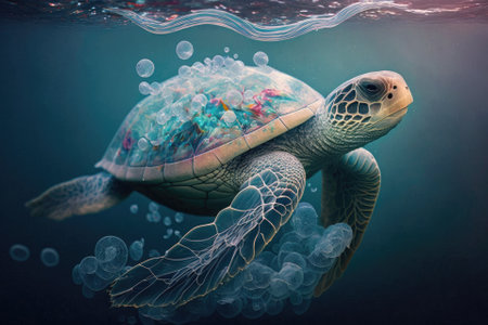 The problem of plastic pollution in the oceans. The sea turtle may confuse the plastic garbage it swims over for jellyfish. Generative AIの素材