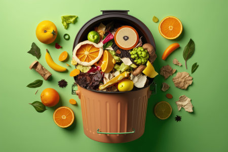 Top view of sorted kitchen garbage in a compost pail set against a green background. Compost container. Maintainable ways of living. Trash can contents consisting primarily of vegetable and fruit wast. Generative AIの素材