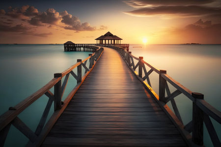 picture of the pier going to the island in the Maldives at sunrise, a symbol of the idea of luxury vacation. Generative AIの素材