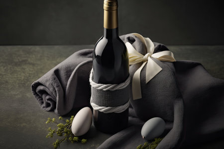 Wine bottle, seen from above, has a white label but no writing on it. There are Easter decorations on a dark stone table. Fake wine bottle mockup. Blanket copy space. Generative AIの素材