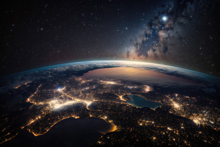 View of Earth at night from a great height. While stars shine above the clouds, city lights shine below. Generative AIの素材