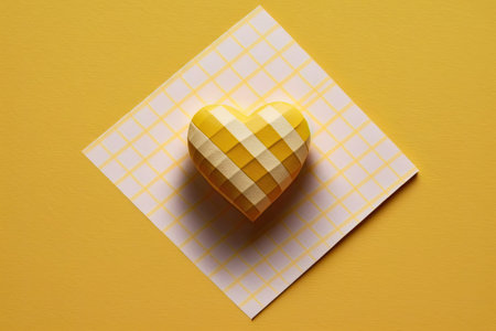 Top view of a heart made in eraser friendly ink on a sheet of checkered paper set against a sunny yellow background. Generative AIの素材