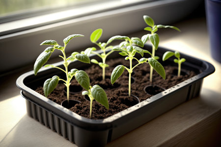 seedlings of tomato plants in a window sill seedling tray. Successfully growing plants and veggies from seed. Generative AIの素材