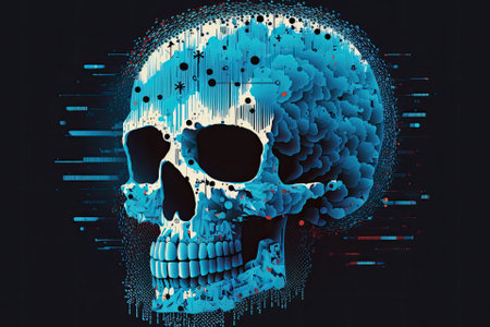 abstract digital cloud skull on a blue background, indicating data theft and hacking in the cloud. Generative AIの素材