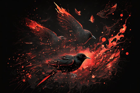 Into the night sky flies a shower of red hot, flaming sparks. Elegant black background with white abstract birds. Generative AIの素材