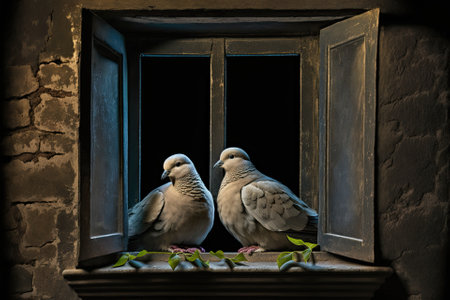 Picture this a pair of doves perched on an ancient window sill in the dark. Generative AIの素材