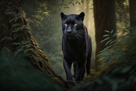 In the woods, the Black Panther. Generative AIの素材
