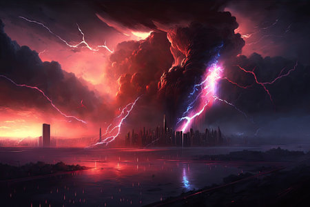 Judgment Day, the end of the world, massive lightning strikes the city from the crimson, luminous heavens. Generative AIの素材