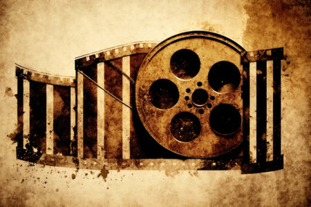 Filmstrip, shabby, dated, and dirty. Background from an old film, either classically vintage or abstractly unclean or deteriorating. The appearance of dirt or dust particles. Generative AIの素材