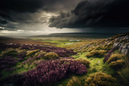 Scene from Cuilcagh Mountain Park in Northern Ireland, including a green meadow and pasture with tall grass, ferns, and heather against a stormy, dramatic sky. Generative AIの素材