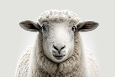 A white sheep with just its face visible, munching while gazing towards the camera, isolated, on a white background, copy space, and a clean edit. Generative AIの素材
