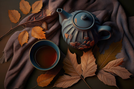 Arrangement for autumn Autumn foliage, a cup of tea, a teapot, and a scarf top perspective, copy space, and a flat lay high quality, anime style photograph. Generative AIの素材