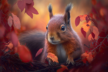 A beautiful close up of an autumn squirrel in the woods. Generative AIの素材