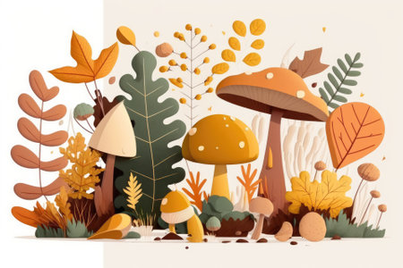 Autumnal composition with flat colored objects like mushrooms and leaves object in its entirety on white Simple cartoon drawing of nature and harvest in an anime style for online graphic design and an. Generative AIの素材