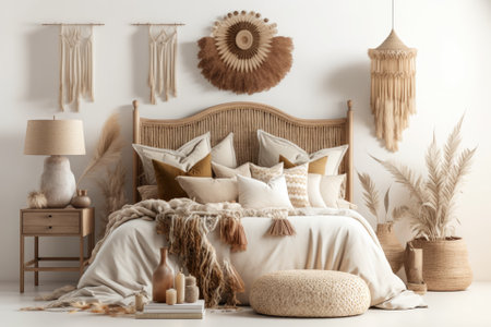Boho bedroom decor with wooden bed, beige fringed blanket, tassel trimmed pillow, dried pampas grass, basket, and wicker lamp in horizontal frame mockup on white wall. Generative AIの素材