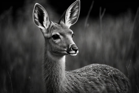A black and white picture of a young male roe deer (Capreolus capreolus). Beautiful monochrome deer photograph. Generative AIの素材