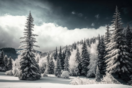 Conifer trees at a Carpathian ski resort on a snowy day. Generative AIの素材
