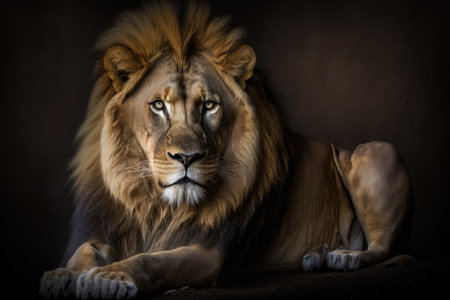 A beautiful, strong lion poses calmly in its dark den. moody lighting for a portrait. Generative AIの素材