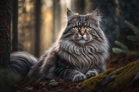 A beautiful, gray striped, big, fluffy thoroughbred cat sits alone in the woods. Animal photography, portrait. Generative AIの素材