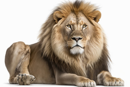8 year old lion (Panthera leo), sitting in front of a white background. Generative AIの素材