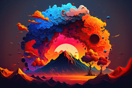 Beautiful volcano eruption raster image. Dust, lava, magma, plasma, fire, the end of the world, apocalypse, dima sky, cartoon, multicolor. the strength and beauty of nature. Generative AIの素材