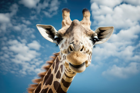 A beautiful giraffe with a long neck is in the center of the picture. Portrait of a smiling giraffe (Giraffa camelopardalis), an animal from Africa, with clouds and blue sky in the background. closeup. Generative AIの素材