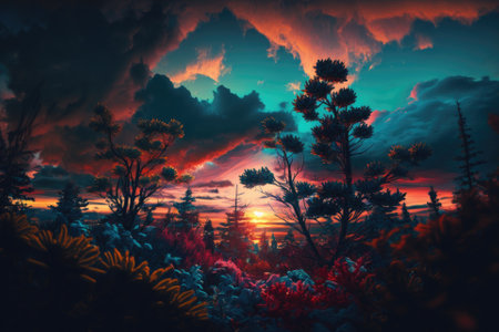 Dark foliage of little trees and bushes contrasts with a vividly colored sunset sky and vibrant clouds that are lit up by the setting sun. Generative AIの素材