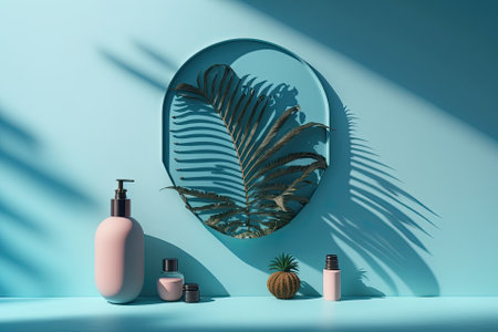 For the display of beauty items in a spa, a palm shadow on a blank blue wall serves as a tropical sunny backdrop. Generative AIの素材