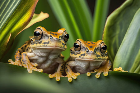 Baby hypochondrialis tiger legged monkey frogs close up on leafy greenery. Generative AIの素材