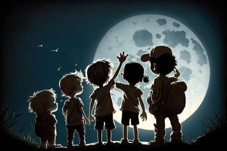 Children in cartoons pointing at the moon. Generative AIの素材