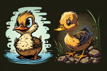 Cartoon duckling and a wild duck. Generative AIの素材