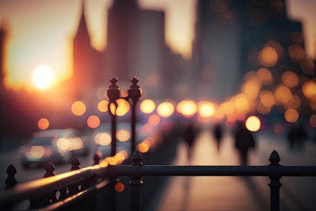Beautiful city bokeh at sunset. Generative AIの素材