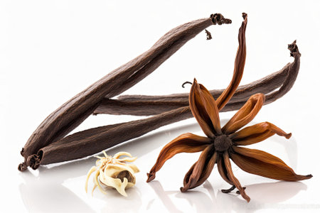 Dry vanilla pods and a delicate vanilla bloom are isolated on a white backdrop. Generative AIの素材