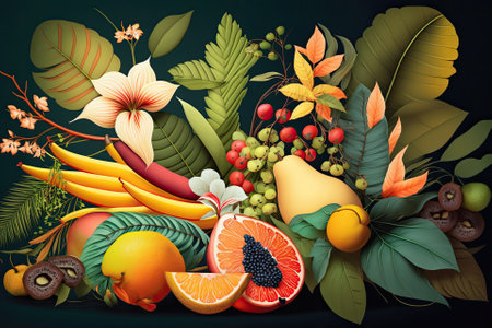 Fruits and foliage are arranged in a tropical design over a vibrant backdrop. Generative AIの素材