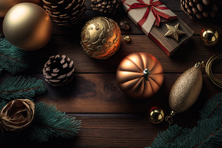 Christmas decorations in a flat lay position on a hardwood table. Generative AIの素材