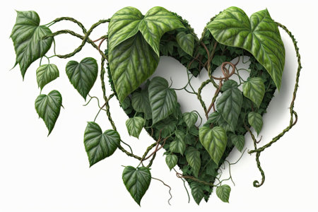 Cowslip creeper (Telosma cordata), a medicinal woodland plant, with twisted jungle vines hanging liana plants with heart shaped green leaves isolated on white background with clipping path. Generative AIの素材