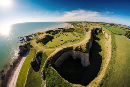 Drone aerial shot of the Pointe du Hoc location in Cricqueville en Bessin, France and the Normandy landing beaches. Generative AIの素材