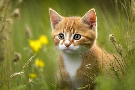 Cute cat in a grassy backdrop, isolated. Generative AIの素材