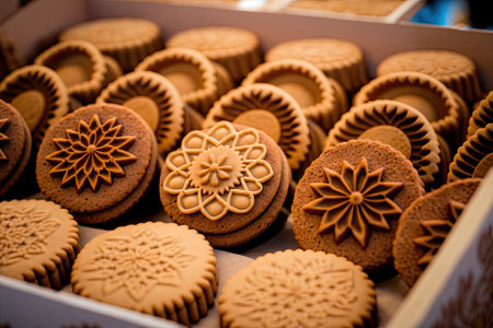 Cookies made with gingerbread at the holiday market. dessert with a distinctive festive scent made with honey and spices. Generative AIの素材